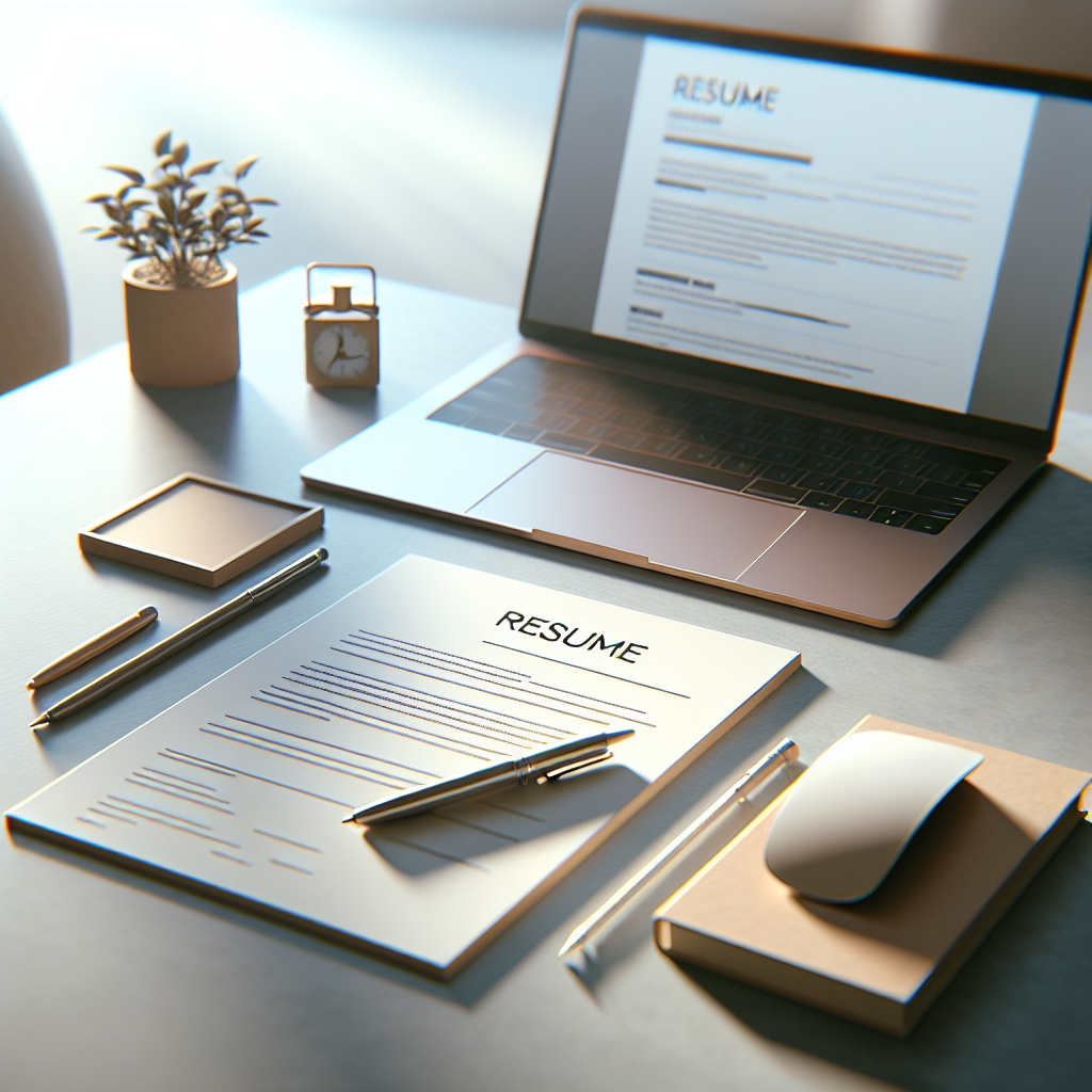 Create a modern, clean, and minimalistic visual representation of resume writing. The setting should be a quietly professional one with a desk and bright, clear lighting. On the desk, let's see a notepad with a pen indicating the act of writing. Nearby, include a laptop screen subtly displaying a half-written resume. Use complimentary smooth gradients and soft shadows to enhance the quality of the image. The overall view should have no text, watermarks, or logos, and avoid showcasing any human figures. The image should depict realism while being visually appealing, perfect for an English blog post.