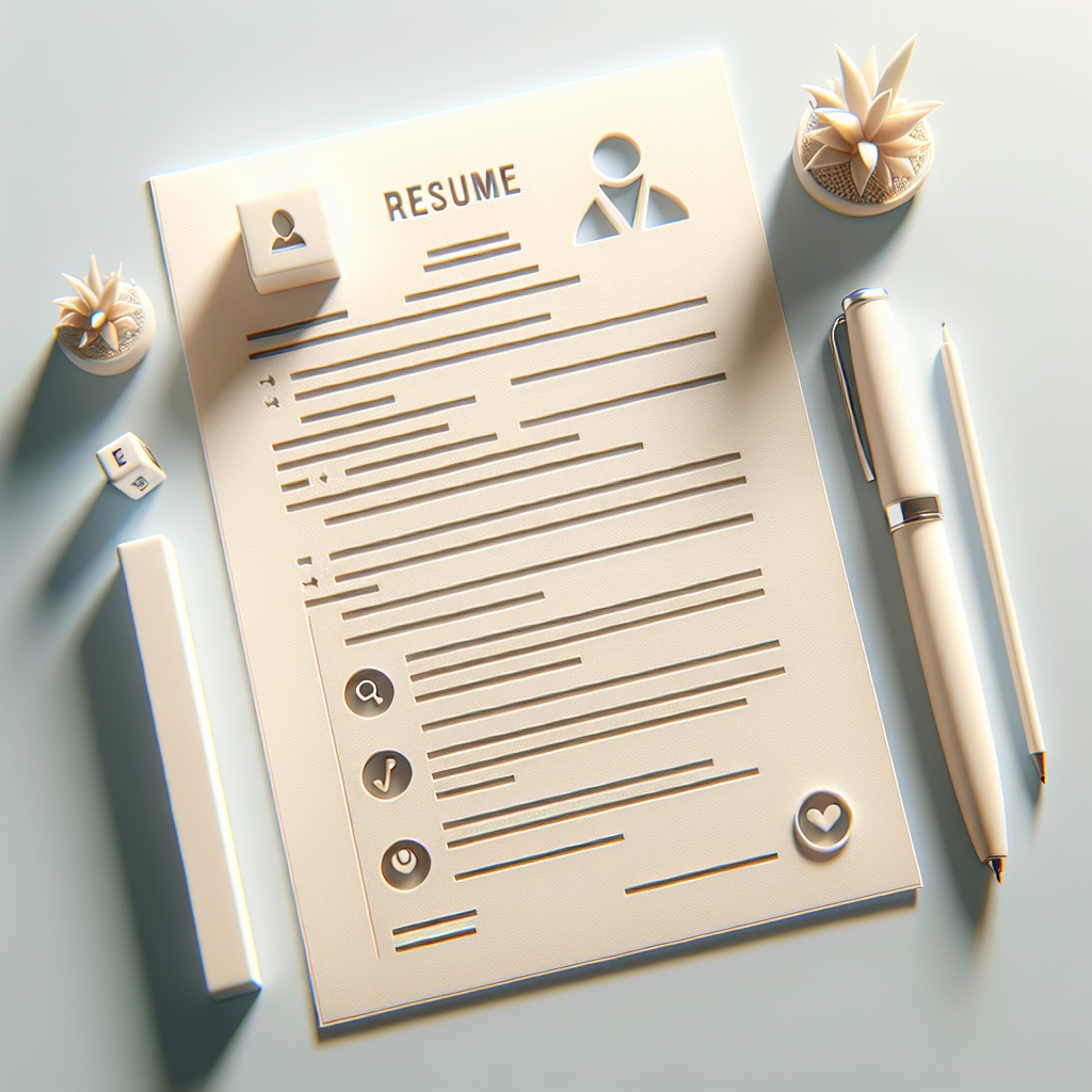 Create a clean, minimalistic, and modern depiction related to 'Resume Writing'. Focus on a bright and smooth color scheme with clear lighting and soft shadows. The design should carry a professional tone and incorporate symbolic elements associated with the process of writing a resume such as a pen laying over a neatly organized paper that's suggestive of a resume. There should be no textual content, watermarks, logos, or recognizable human faces, maintaining a clear emphasis on the symbolic portrayal. Render the image with realism and visual appeal, making it suitable for an English blog post.