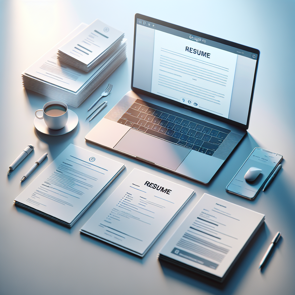 Envision a high-quality, professional image that encapsulates the concept of 'Resume Writing'. This image should be in a modern, clean and minimalistic style using bright, direct lighting, smooth gradients and soft shadows. The picture should show a neatly arranged desk with a laptop showing a blank document on the screen, a cup of coffee and a stack of resumes. Keep in mind that there should be no text, watermarks, faces or logos. This image must be realistic, visually appealing and resonate well with the aesthetics of an English blog post.