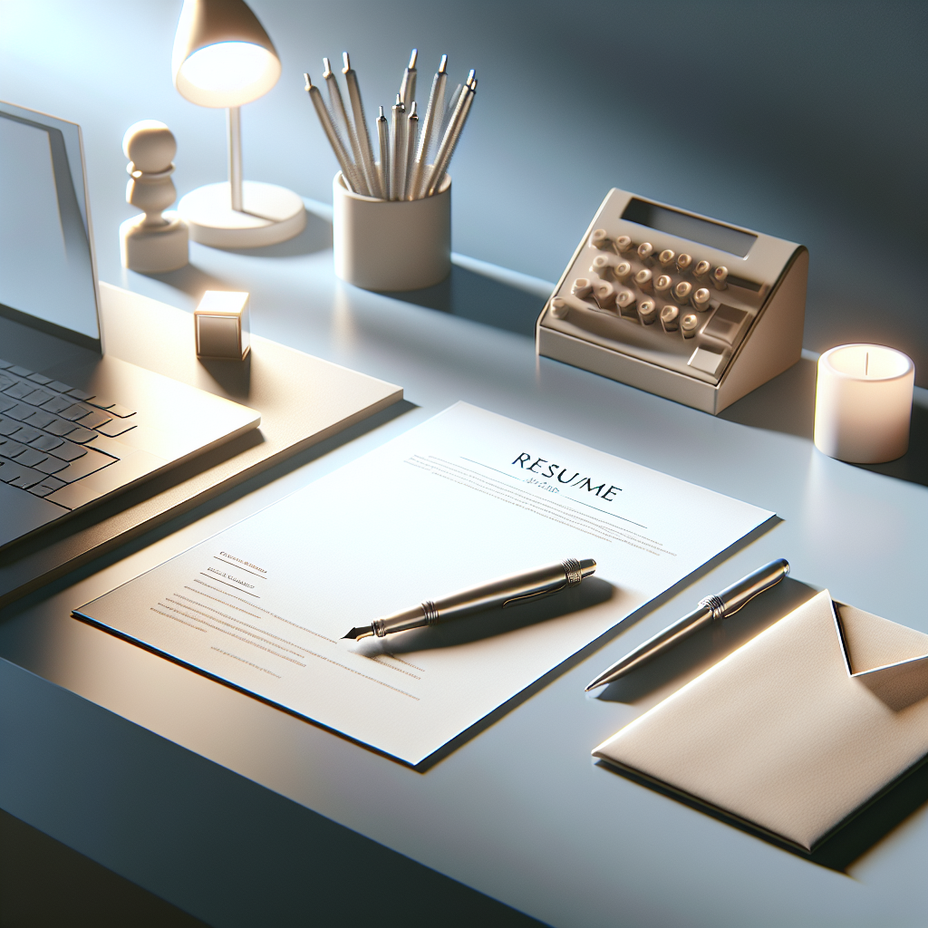 Create a visual metaphor related to 'Resume Writing.' The image should depict a neat, modern workspace spotlighted by gentle, bright lighting. In the workspace, there should be a well-organized desk with stylish stationery. On the desk, a clean, blank piece of paper, symbolizing a fresh start in resume writing, lies next to a contemporary fountain pen, preparing to draft the content. The overall ambience is minimalist, designed with soft gradients and subtle shadows. No text, watermarks, human faces, or logos are included. It is essential that the image bears a stark realism and visually striking attractiveness suited for an English blog post.