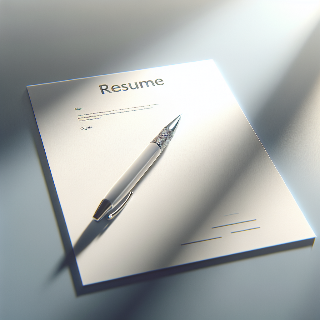Create a pristine and minimalistic image symbolizing resume writing. The image should utilize elements such as a crisp, clean sheet of paper with a sleek pen resting on top. The scenery should be illuminated with bright, clear lighting producing smooth gradients and soft shadows. Aim for a modern aesthetic that is visually appealing and realistic, devoid of any text, watermarks, human faces, or logos. This image would be appropriate for an English blog post about resume writing.