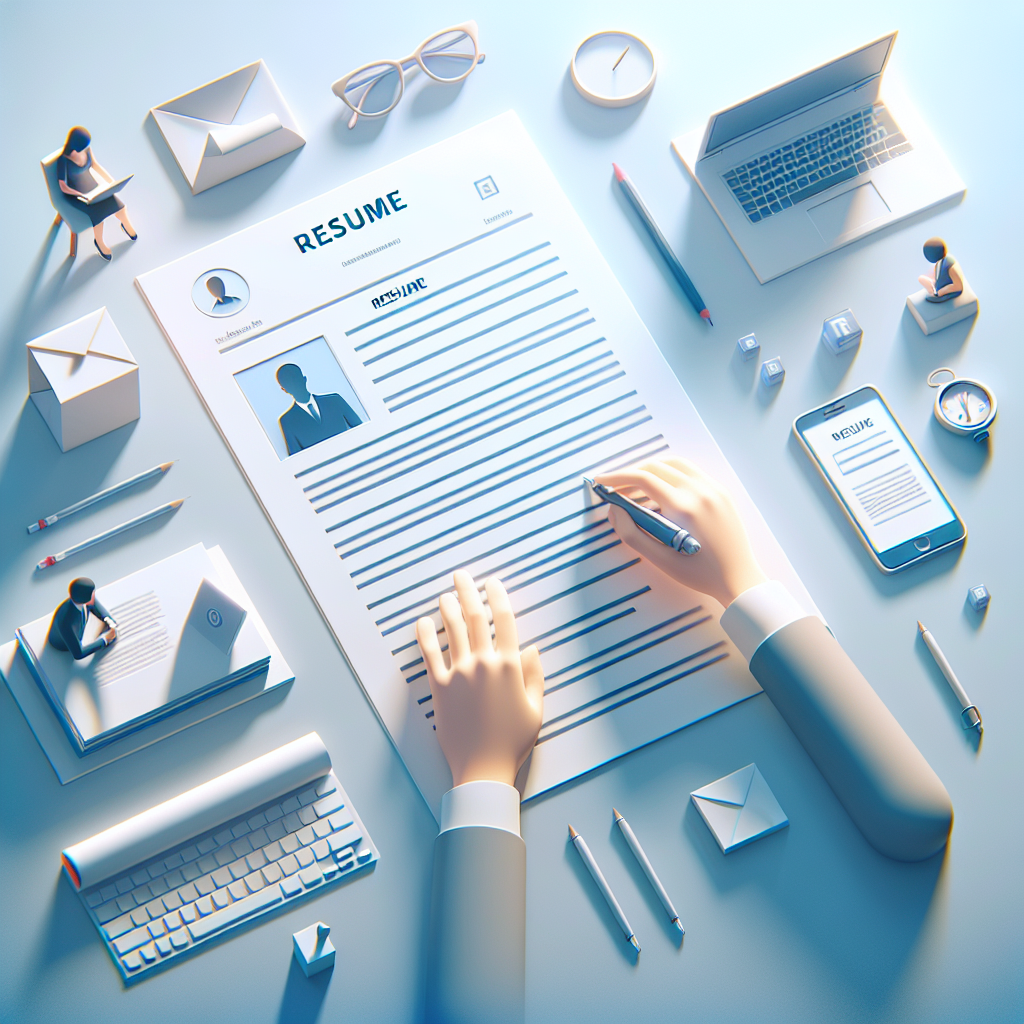 Create an image that visualizes the concept of resume writing in a modern, clean, and minimalistic style. The image should feature bright, clear lighting and smooth gradients with soft shadows to give a realistic feel. The focus of the image should be on elements that reflect the process of writing a resume, but without any use of text, watermarks, people's faces, or logos. This is to create an image aesthetically pleasing enough to be suitable for an English blog post.