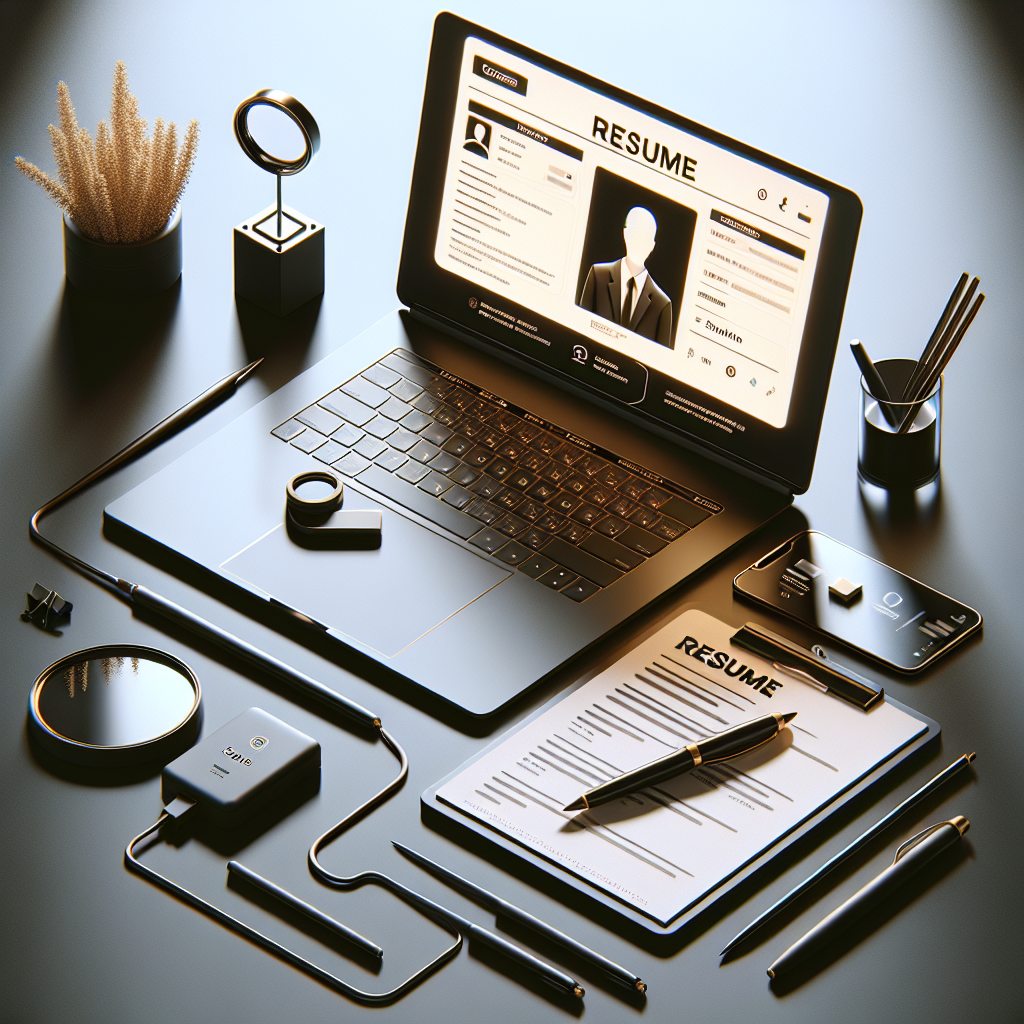 Generate a professional, high-quality blog image showcasing the concept of 'Resume Writing'. The image should adhere to a modern, clean, and minimal design style. Emphasize the use of bright light, resulting in smooth gradients and soft shadows. The subject matter should consist of relatable objects tied to resume writing, such as a sleek desk with a modern laptop displaying a virtual resume, a stylish pen and notepad. Make sure no people, faces or logos are included. The setting being exceptionally realistic and visually pleasing, suitable for an English blog post.