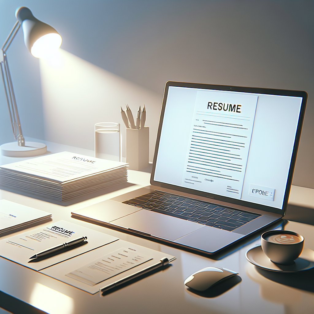 Generate an image illustrating the concept of 'Resume Writing' in a modern, clean, and minimalistic style. The scene should have a realistic desk under bright and clear lighting. On the desk, display subtly a stack of high-quality paper and an open laptop with a document on the screen, hinting at a resume design. Also incorporate elements like a sleek pen and coffee, emanating a professional atmosphere. There should be smooth gradients and soft shadows throughout the scene to maintain the realistic feel. Avoid incorporating text, watermarks, human faces, or logos to maintain visual clarity and appeal.