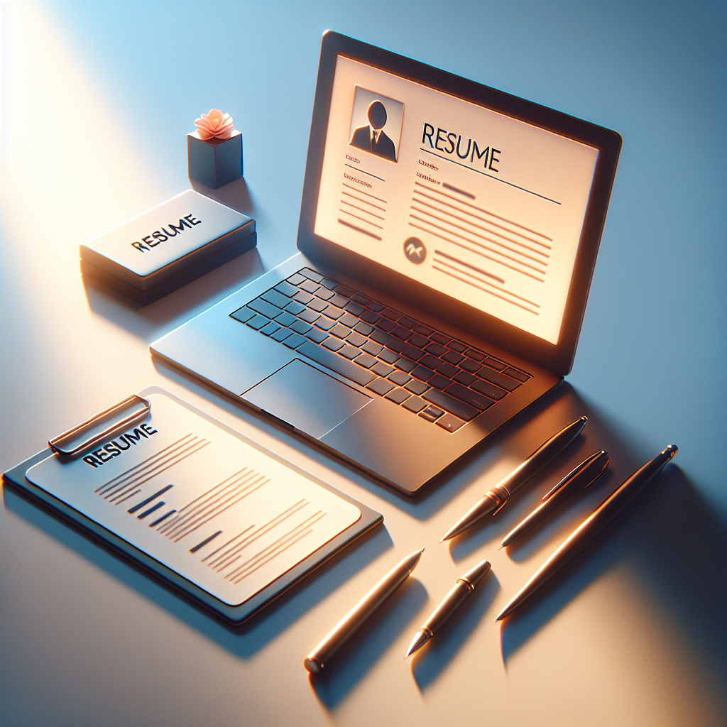 Render a modern and minimalistic-style representation related to resume writing. The composition should be full of bright light, smooth gradients, and soft shadows. Since the image is for a professional English blog, it should abstain from text, watermarks, faces, or logos. The image should be visually captivating and realistic, providing an indirect representation of the art of crafting resumes, perhaps by showing an open laptop with a aesthetically appealing representation of a resume on screen, next to a stylish pen and notepad.