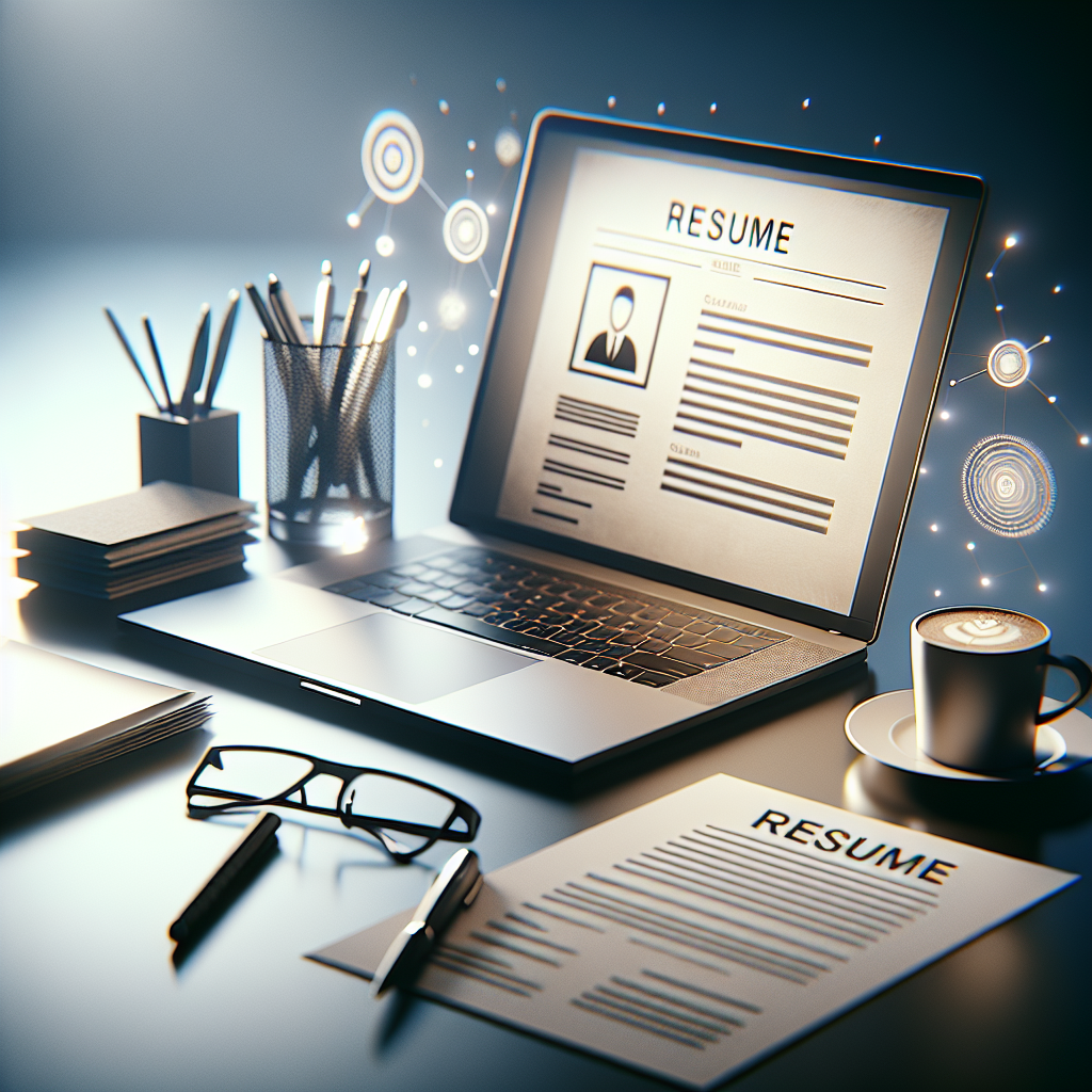 Generate an image in a modern minimalist style that represents the concept of Resume Writing. The image should exude a sense of professionalism with a composition involving elements like a clean desk, a glowing laptop screen, a pen, cup of coffee and possibly a stack of papers, subtly symbolizing a resume. It should use bright, clear lighting, Gaussian blurred gradients and soft diffuse shadows to enhance its appeal. It must be realistic and suitable for an English language professional blog and be devoid of any text, watermarks, human faces or logos.