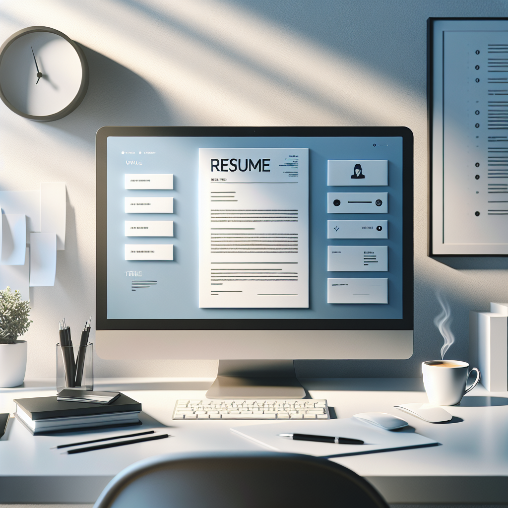 Create a high-quality image capturing the theme of 'Resume Writing'. The image should combine modernity, clean aesthetics, and minimalism, featuring dominant features like a neat desk with a desktop screen showing a resume template, a cup of coffee, and a stack of crisp white papers. Lighting should be bright and clear, with an emphasis on smooth gradients and soft shadows. There should be no text, watermarks, logos, and the image should be free of people's faces. The overall effect should be of a professional and visually appealing workspace, suitable for an English blog post.