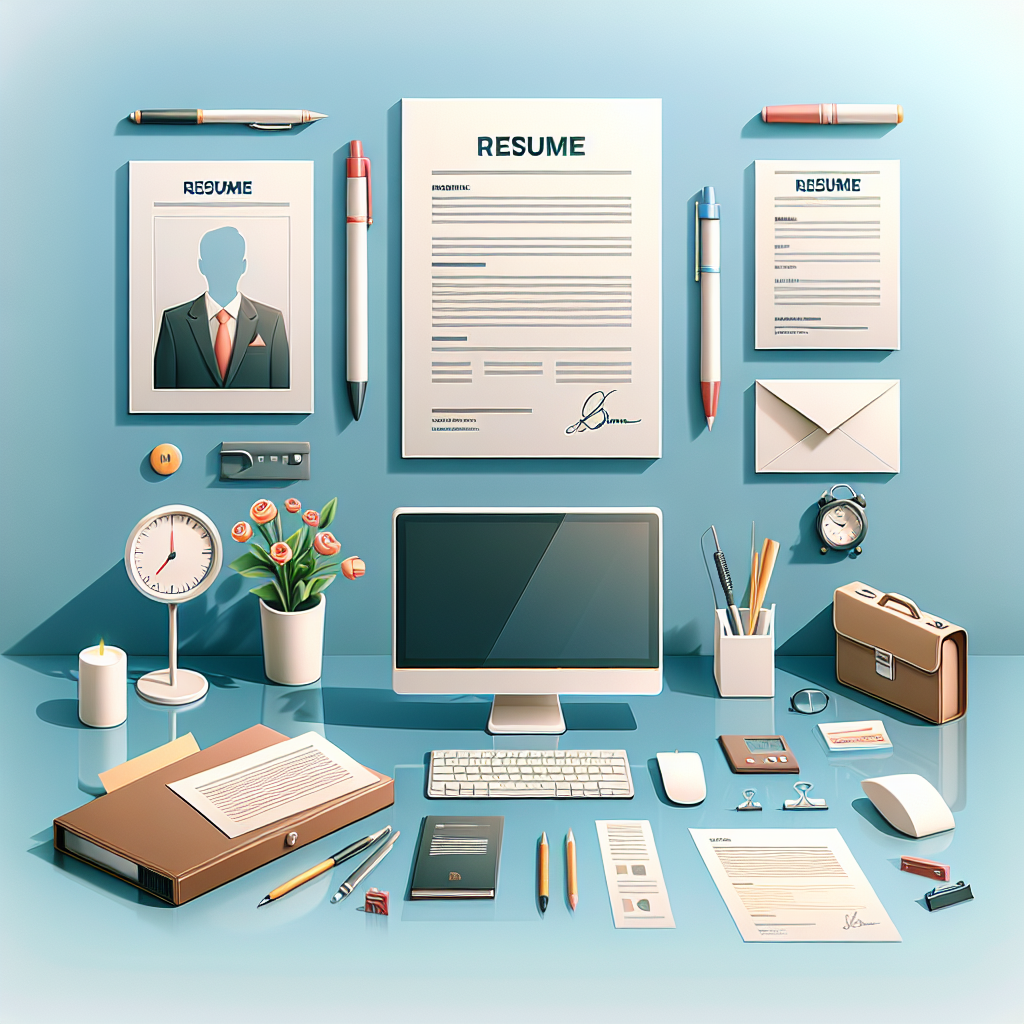 Pose a visually appealing scene related to 'Resume Writing'. The illustration should be created in a modern, clean and minimal design, with a distinct focus on bright lighting, smooth gradients, and soft shadows, thereby conferring a professional and aesthetically pleasing look. Picture elements like a neatly arranged desk with writing tools, sheet of paper representing the resume, a modern computer and workspace elements without any logos, text, people's faces or watermarks. Make sure the overall image, structured in high-quality realism, is suitable for accompanying an English blog post.