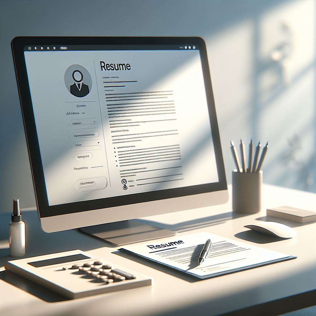 An image in a modern, clean, and minimalistic style representing the concept of resume writing. The image should feature bright, clear lighting, with soft shadows and smooth gradients. It should depict a realistic scene such as a neat desk setup with a paper resume and a stylus, or a computer screen with a blank document, but no people's faces or logos. The setting should be visually appealing, suitable for an English blog and adhere to the realistic aesthetics in order to enhance the professional look.