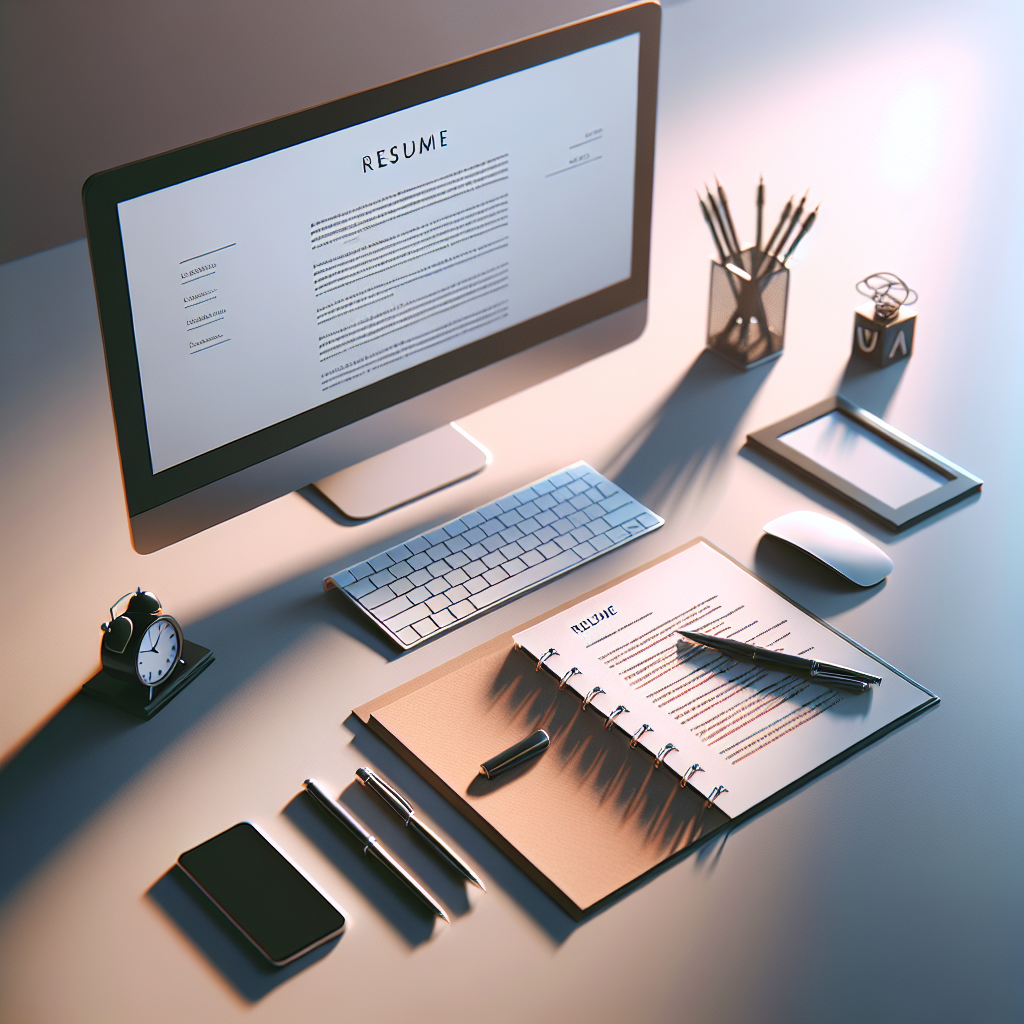 Create an image depicting the concept of 'Resume Writing' in a modern, minimalistic style. The image should be of high-quality, showcasing a clean desktop setup with a computer, a notepad, and a pen. Everything is organized neatly, representing professional and structured writing. The lighting is bright and clear, casting soft shadows, achieved through smooth gradients. All elements are realistic, visually appealing without any visible human faces, text, watermarks, or brand logos, suitable for being the header image of an English blog post.