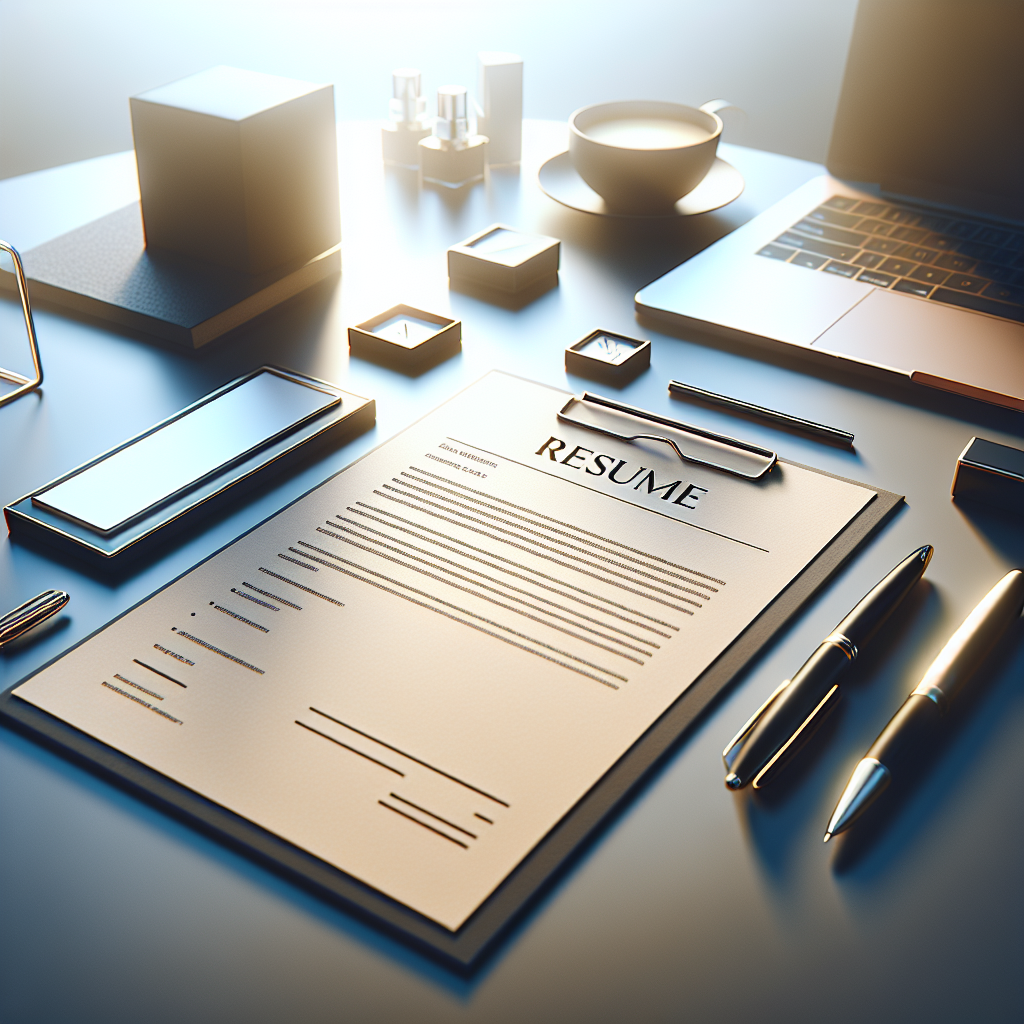 Create a minimalistic and modern depiction of resume writing. The image should feature a well-lit, clean and professional atmosphere. In order to avoid featuring any explicit people or labels, focus on showcasing a desk with exemplary and sleek stationary items like a pen, paper, and a laptop suggesting the act of writing. The overall image should contain bright lighting, smooth color gradients and soft shadows to add depth, aiming to be realistic and visually appealing. Do not include any text, watermarks or logos.