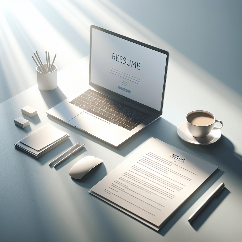 Create a minimalist and modern image symbolizing the concept of resume writing. The focus point is a crisp, clean, professional desk setting showcasing an open laptop, a cup of coffee, and a series of blank papers. The environment is bathed in bright, soft light casting gentle shadows. There are no watermarks, people, text, or identifiable logos. The whole scene should display a sense of clarity and organization while alluding to the task of resume crafting, suitable for an English blog. Everything is done with a sense of realism, combining smooth gradients and airy color schemes.