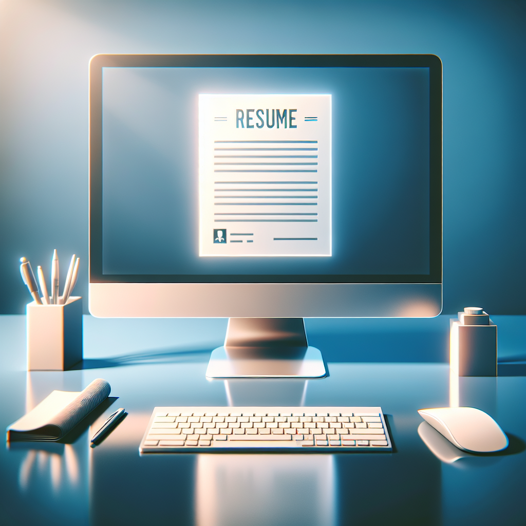 Generate a modern and clean minimalistic image that portrays the concept of 'Resume Writing'. The depiction should include realistic features like a desk with a modern computer and a piece of paper that symbolizes the resume, bathed in bright, clear lighting and adorned with smooth gradients and soft shadows. Ensure that no recognizable faces, text, or logos are included. The graphic should be visually appealing, adhering to a professional design that would be appropriate for an English blog post.