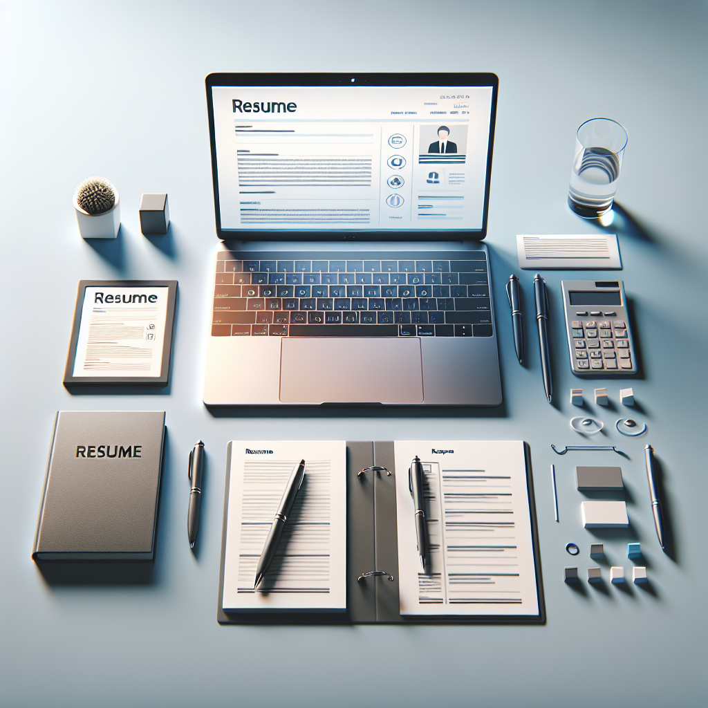 Generate a modern, clean, and minimalistic style image that represents the topic of Resume Writing. The image should incorporate elements relating to this theme such as a desk setup with a laptop where a digital resume is on display, a pen and notepads for note-taking. The use of bright, clear lighting, smooth gradients, and soft shadows should be applied to heighten the overall aesthetic value. Ensure the image is void of text, watermarks, people’s faces, or logos to maintain a realistic look. This image should be visually appealing and suitable for use on an English blog post.